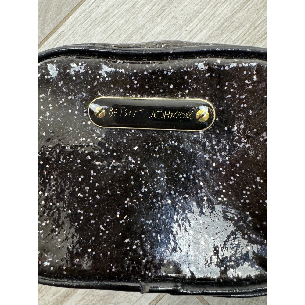 Betsey Johnson Black Glitter Sparkle Cosmetic Bag Pouch Makeup Organizer